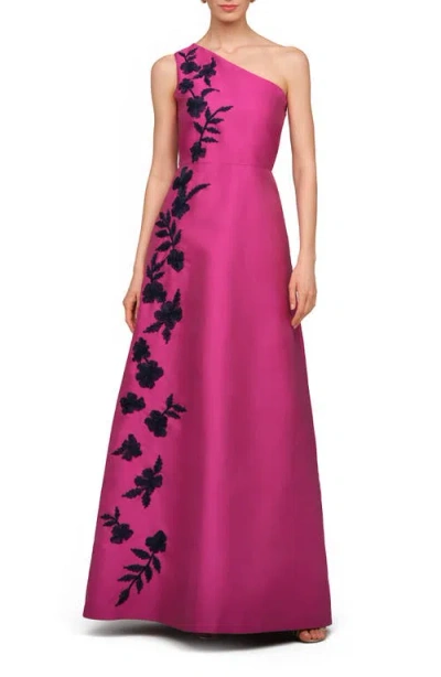 Kay Unger Madelyn Embroidered One-shoulder Satin Gown In Pink