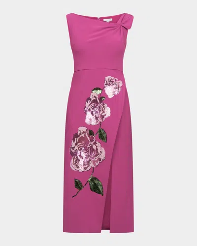 Kay Unger Maeta Asymmetric Sequin Foral Midi Dress In Purple