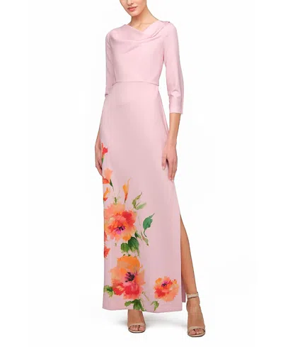 Kay Unger Magnolia Floral-print Stretch Crepe Column Gown In Pink