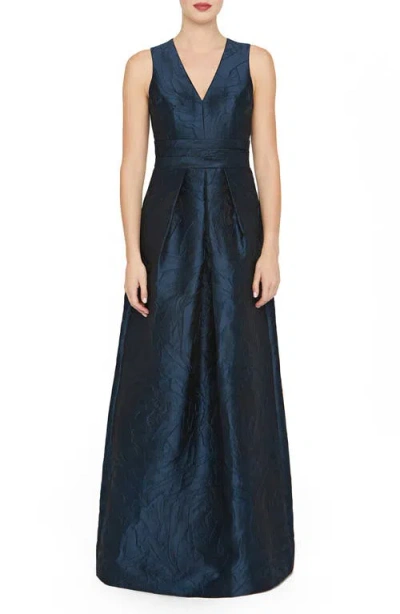 Kay Unger Mariah Crinkle Pleated Gown In Blue