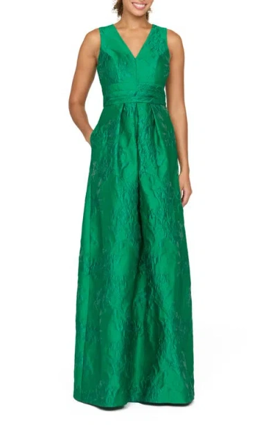 Kay Unger Mariah Floral Jacquard Gown In Green