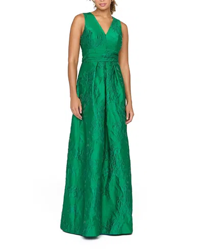 Kay Unger Mariah Pleated Jacquard Column Gown In Green