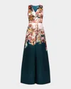 Kay Unger Mariah Sleeveless Floral Mikado Gown In Blue