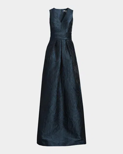 Kay Unger Mariah V-neck Sleeveless Jacquard A-line Gown In Blue