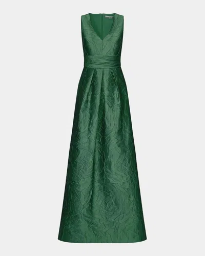 Kay Unger Mariah V-neck Sleeveless Jacquard A-line Gown In Emerald