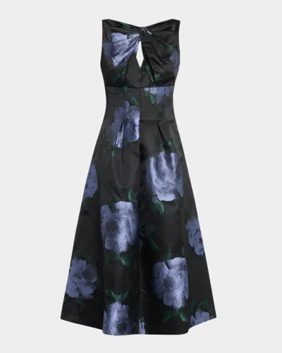 Kay Unger Mia Pleated Floral-print Cutout Midi Dress In Black