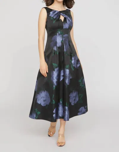 Kay Unger Mia Pleated Floral-print Cutout Midi Dress In Black