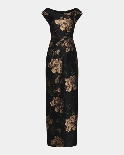 Kay Unger Myla Floral Jacqaurd Column Gown In Black