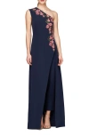 Kay Unger Nadine Floral Embroidered One-shoulder Jumpsuit In Midnight