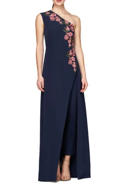 Kay Unger Nadine Floral Embroidered One-shoulder Jumpsuit In Midnight