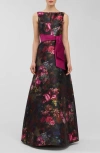 Kay Unger Nicoletta Floral Sleeveless A-line Gown In Black