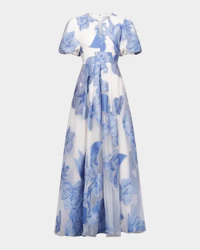 Kay Unger Oleana Puff-sleeve Organza Gown In Blue