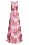 KAY UNGER OPAL FLORAL PLEATED SURPLICE V-NECK SATIN GOWN