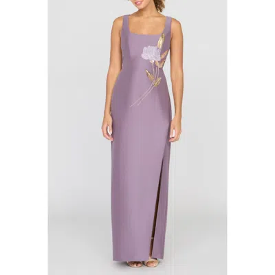 Kay Unger Paloma Beaded Placed Floral Sheath Gown In Purple