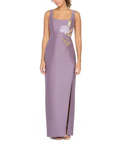 Kay Unger Paloma Beaded Placed Floral Sheath Gown In Purple