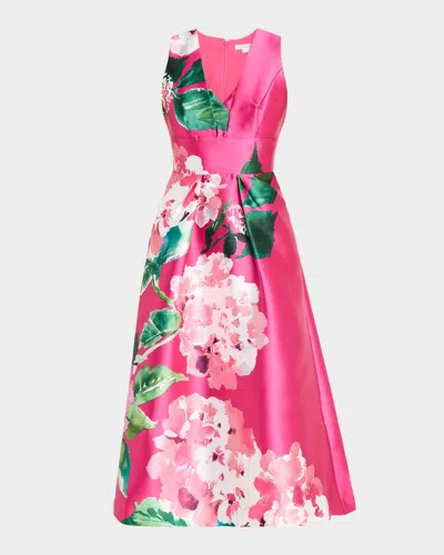 Kay Unger Raina Floral-print Mikado Midi Dress In Multi