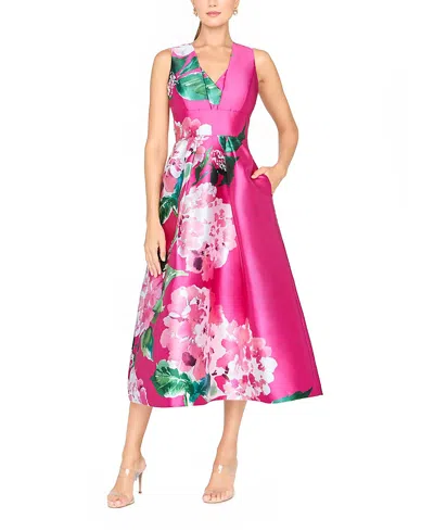Kay Unger Raina Floral-print Mikado Midi Dress In Multi