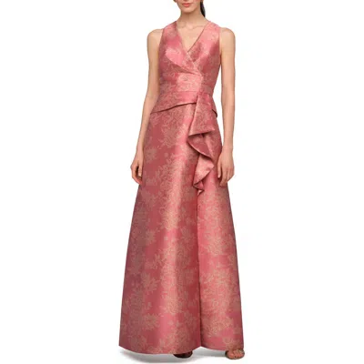 Kay Unger Rhianna Metallic Floral Jacquard Sleeveless Gown In Neutral
