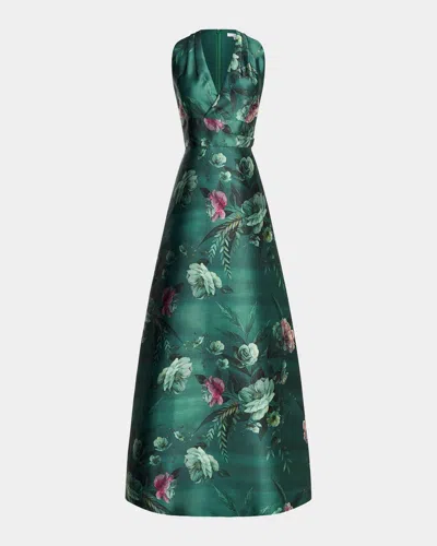 Kay Unger Rosalind Floral Print Gown In Lt Emerald