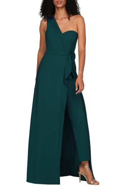 Kay Unger Ruth One-shoulder Walk-thru Stretch Crepe Jumpsuit In Deep Teal
