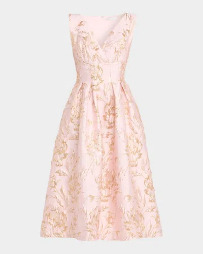 Kay Unger Saylor Pleated Floral Jacquard Midi Dress In Pink
