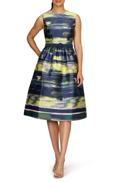 Kay Unger Spencer Belted Cocktail Dress In Navy/pink Pearl Multi