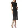 Kay Unger Boat-neck Short-sleeve Textured Lace Sheath Dress W/ Flounce Hem In Black