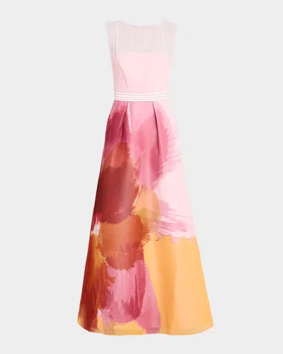Kay Unger Tess Floral-print Chiffon Gown In Pink