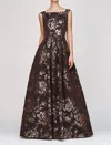 Kay Unger Theodora Metallic Floral Sleeveless Gown In Brown