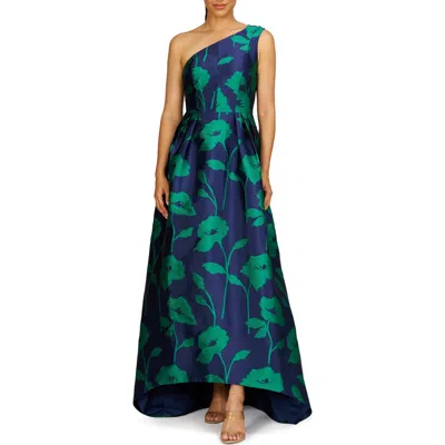Kay Unger Tiara Floral Print One-shoulder Gown In Navy/emerald