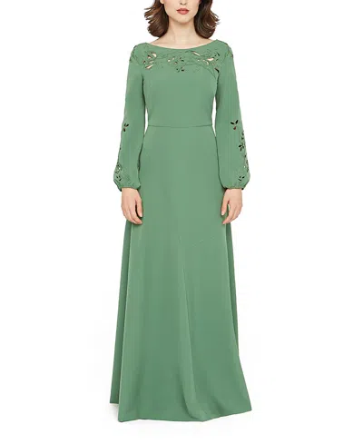Kay Unger Valentina Embroidered Long Sleeve Gown In Green