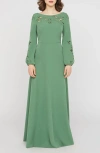 Kay Unger Valentina Embroidered Long Sleeve Gown In Green