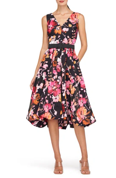 KAY UNGER VIOLA FLORAL BELTED SLEEVELESS HIGH-LOW DRESS