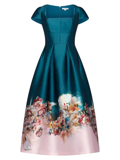 Kay Unger Women's Amaya Satin Floral-hem Tea-length Dress