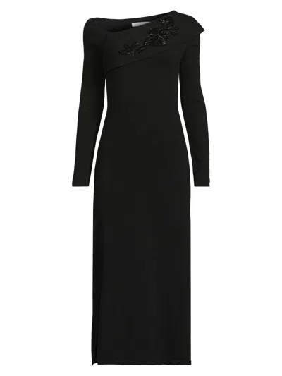 Kay Unger Women's Asymmetric Beaded Midi-dress In Black