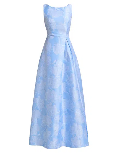 Kay Unger Caitlin Pleated Floral Jacquard Gown In Spring Blue