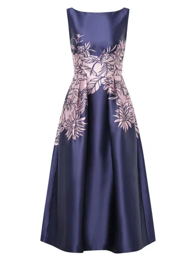 Kay Unger Evaline Placed Floral Cocktail Midi Dress In Blue