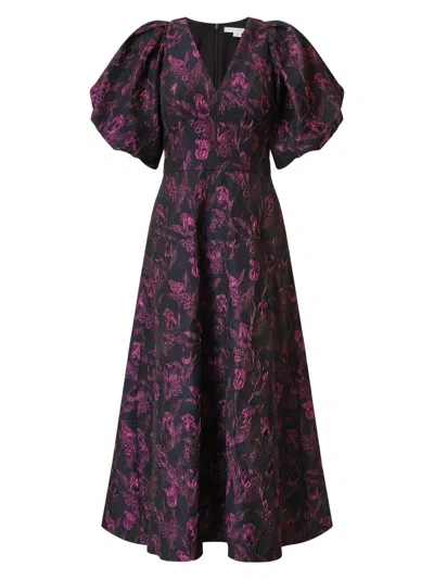 Kay Unger Grace Blouson-sleeve Floral Jacquard Midi Dress In Purple