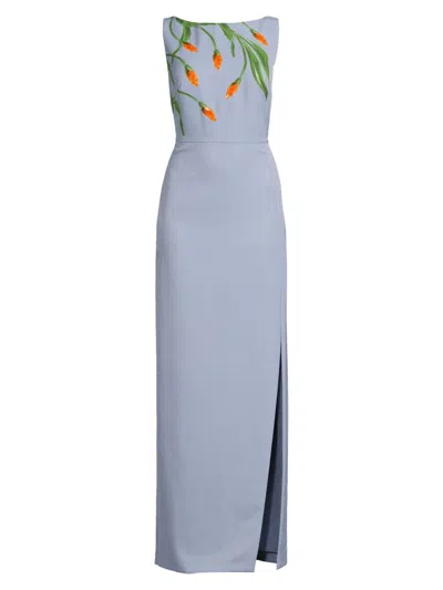 Kay Unger Ira Placed Paillette Floral Column Gown In Blue