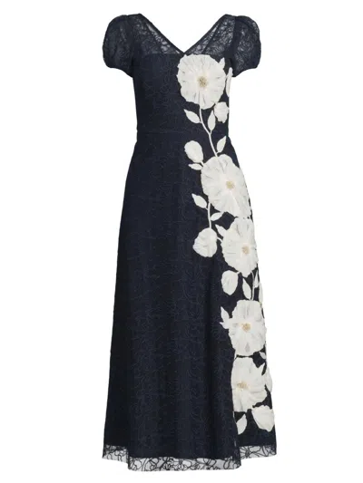 Kay Unger Layla Puff-sleeve Floral Applique Midi Dress In Blue