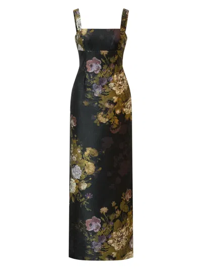Kay Unger Lilith Floral Damask Jacquard Column Gown In Black