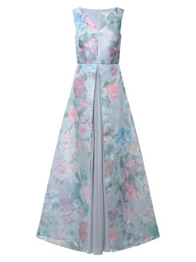 Kay Unger Merida Floral Print Sleeveless Gown In Blue