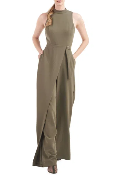 Kay Unger Women's Mock Neck Sleeveless Stretch Crepe Jumpsuit In Olive In Green