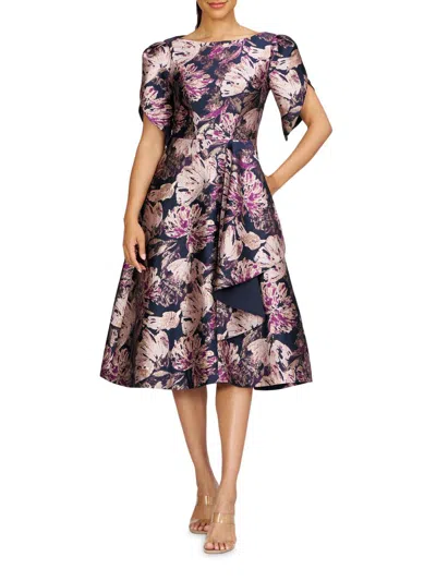 Kay Unger Women's Natasha Floral Metallic Jacquard Short-sleeve Midi-dress In Blue
