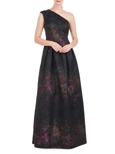 Kay Unger Women's One-shoulder Abstract Brocade A-line Gown In Blue