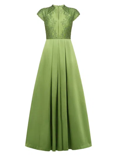 Kay Unger Wrenley Beaded Duchess Satin Gown In Green