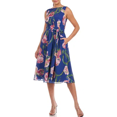 Kay Unger Womens Floral Pleated Cocktail And Party Dress In Blue