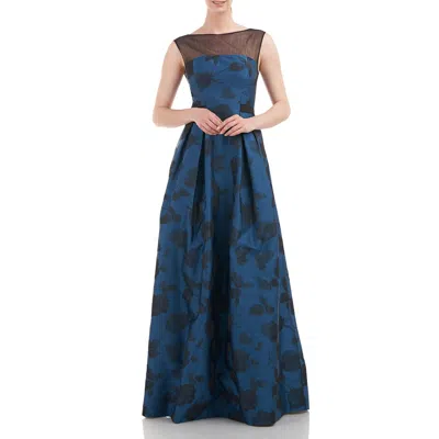 Kay Unger Womens Floral Pleated Evening Dress In Blue