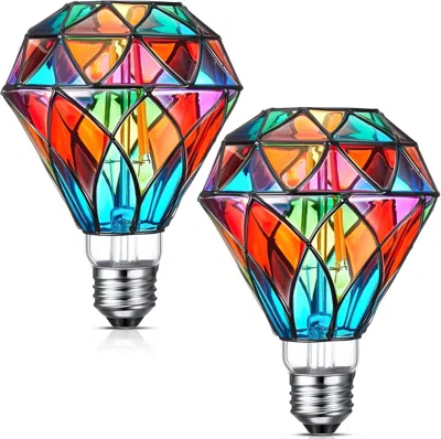 Kayestyle 2 Pcs Stained Glass Led Light Bulb Diamond Shape E26 Base A60 6 Watts G95 Shape Colorful Flickering 