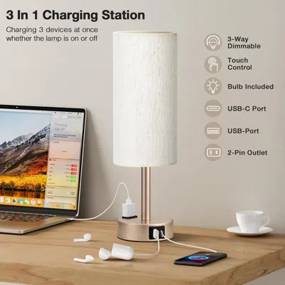 Kayestyle Bedside Table Lamp For Bedroom - 3 Way Dimmable Touch Lamp Usb C Charging Ports And Ac Outlet, Small